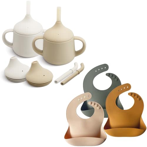 Moonkie Silicone Baby Sippy Cups 2-Pack | 3-Stage Training Cup for Infants & Toddlers | 4oz + Silicone Baby Bibs Set of 3 | BPA-Free, Waterproof, Adjustable Feeding Bibs for Babies & Toddlers | Perfec