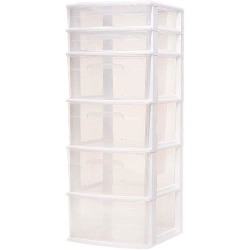 HOMZ Drawer Tower, 6-Tier Clear Plastic Storage Organizer Cart, White Frame