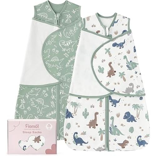 Baby Swaddle Sleep Sack 3-6 Months, Cotton Swaddles for Newborns Boys Girls, 2-Way Zipper Transitional Infant Wearable Swaddling Blanket with Quiet Closure, 0.5 TOG 2 Pack Soft Green Dinosaur