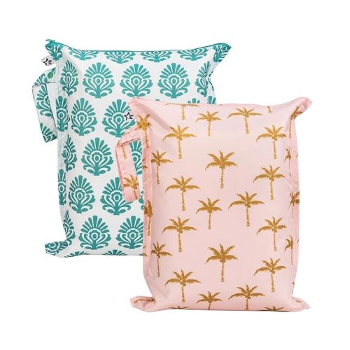Tiny Twinkle Mess Proof Wet Bags | 2-Pack Reusable Waterproof Wet Bags for Swimsuits | Baby Clothes | Travel & Diaper Bag (Pink Palm, Peacock)