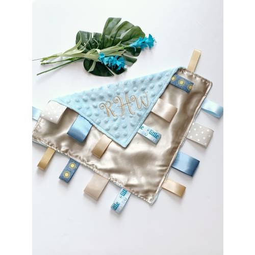 Satin and minky sensory lovey in khaki and blue with ribbon tags, personalize toy, baby child elderly gift, for boy or girl, 12" more colors