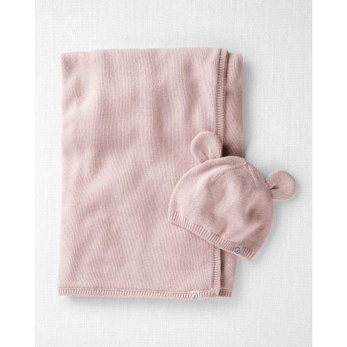 Baby Organic Cotton Sweater Knit Blanket and Cap Gift Set