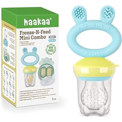 Haakaa Baby Fruit Food Feeder & Mini Freezer Nibble Tray Combo, Breastmilk Popsicle Molds for Baby Cooling Relief, BPA Free Silicone Feeder for Safe Infant Self Feeding, 4 Month+ (Blue)