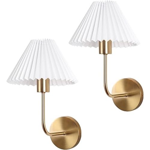 Wireless Wall Sconce Sets of 2, Pleated Shades Rechargeable Battery Operated Wall Sconce, Retro Industrial Gold Wall Lights Bathroom Vanity Sconces, Wall Mounted Lamps for Bedroom Living Room Kitchen