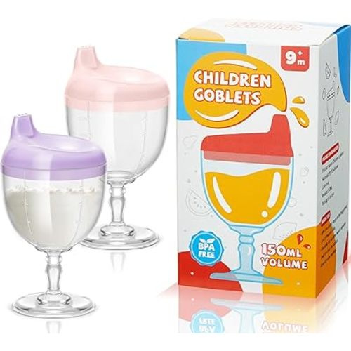 Irenare 2 Pcs Baby Wine Sippy Cup Plastic Goblet Cup No Spill Wine Glass Sippy Cup Baby Goblet Cup Baby Sippy Cup Wine Glass Beverage Mug Milk Bottle with Lid for Kids (Pink,Purple)