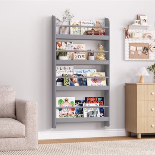 Homfa 4-Tier Wall Bookshelf, 43.7"H Wall Mounted Kids Bookshelf, Book Storage Rack for Kids Room, Nursery, Gray