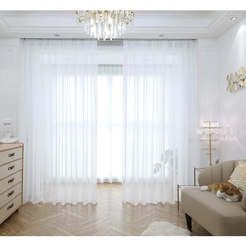 Window White Sheer Curtains 84 Inches Length 2 Panels Set Window Sheer White Curtains Basic Rod Pocket for Bedroom Children Living Room Yard Kitchen (White, 52" W x 84" L | 2 pcs)
