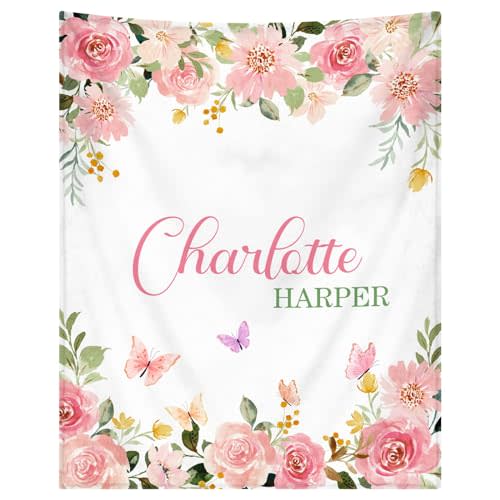 WNNNS Personalized Baby Blankets for Girls Women Custom Baby Blanket with Name for Kids Toddlers Adult Soft Fleece Bed Throw Blanket for Newborn Customized Baby Girl Gifts for Birthday Baby Shower