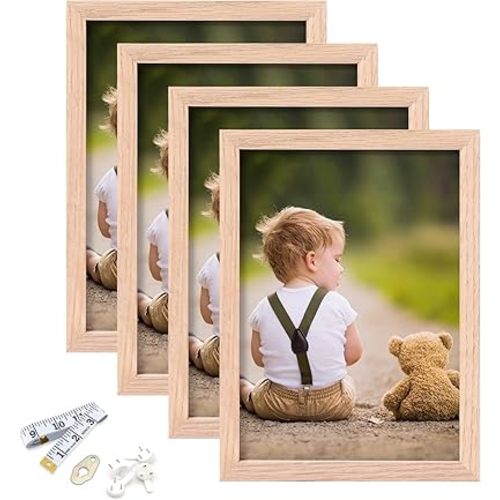5x7 Picture Frame, OAK Wood Photo Frame with Perspex Glass for Vertical or Horizontal Tabletop Wall Display for Photos, Paintings, Posters, Artwork, Birthday Christmas Gift, Set of 4
