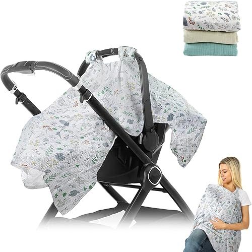 3 Pcs Muslin Car Seat Cover for Baby Boys Girls, Muslin Carseat Cover for Infant in 3 Floral Color, Summer Carseat Canopy for Baby, Multi-Functional New Mom Nursing Canopy