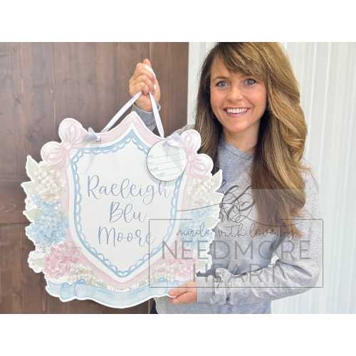 Baby Girl Hospital Door Hanger - Baby Name Sign - Birth Announcement Sign - Birth Stat Sign - Pink and Blue Flowers Baby Crest