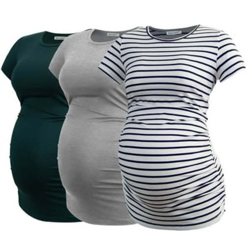 Smallshow Women's Short Sleeve Maternity Shirt Side Ruched Pregnancy Tunic T-Shirt 3-Pack