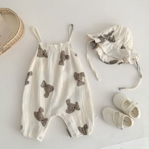 Baby Bear Strap Romper with Bonnet - 3-6M