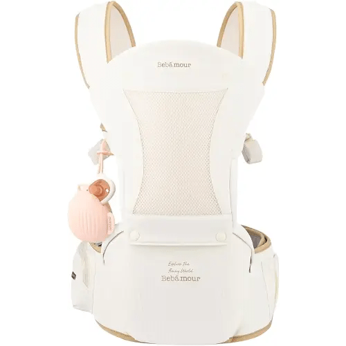 Bebamour Baby Carrier with Hip Seat,All-Position Breathable Mesh Hip Seat & Carrier 0-36Months with Head Hood, 3 PCS Teething Pads, Waist Extender,Storage Bag & Pacifier Case(Khaki)