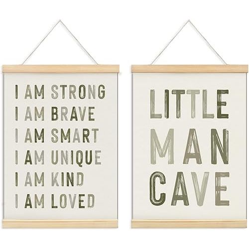 ULEGIE Boy Nursery Decor Posters Framed with Wood Hanger, Little Man Cave Sign for Boys Kids, Boys Room Decor, Toddler Room Decor, Positive Affirmations for Kids Decor, Art Prints for Nursery Playroom Bedroom, 2 Pack 12 x 16 Inches