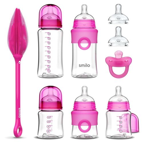Smilo Baby Bottle Feeding Gift Set - Bottle Set with 100% Silicone Newborn Pacifier, Replacement Nipples and Baby Bottles Cleaning Brush - Perfect Essentials and Gift for Girls & Boys - Pink