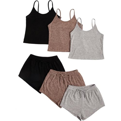 GORGLITTER Women's 3 Sets Ribbed Pajamas Set Sleeveless Crop Top and Tie Front Shorts Lounge Set Sleepwear Loungewear