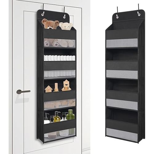 Over The Door Hanging Organizer with 4 Large Pockets – Closet, Bathroom, Nursery, Bedroom, Dorm Storage for Toys, Cosmetics, and Baby Essentials, Black