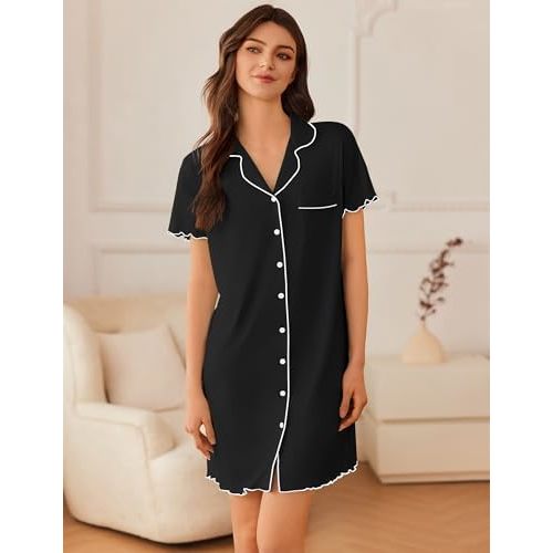 Ekouaer Nightgowns for Women Button Down Sleep Shirt Short Sleeve NightShirts Boyfriend Sleepdress Soft Pajama Dress