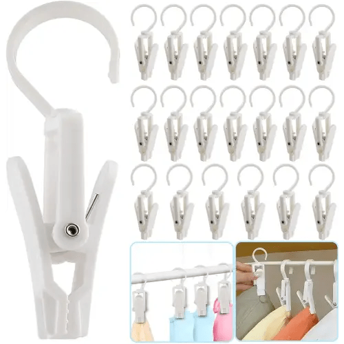 Vinbee 20 PCS Laundry Hooks with Clips Super Strong Plastic Home Travel Swivel Hanging Hanger Closet Organizer Clamps Socks Boot Bras Towels for Bathroom Wardrobe Kitchen Office - 4.3 Inches (White)