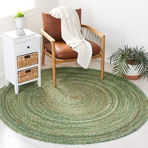 SAFAVIEH Cape Cod Collection Area Rug - 8' Round, Green & Natural, Handmade Boho Braided Jute & Cotton, Ideal for High Traffic Areas in Living Room, Bedroom (CAP202Y)