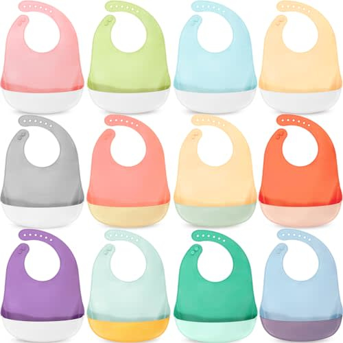 Mepase 12 Pcs Silicone Bibs Waterproof Silicone Baby Bibs Soft Adjustable Baby Feeding Bib Unisex Baby Eating Supplies (Bright Color)