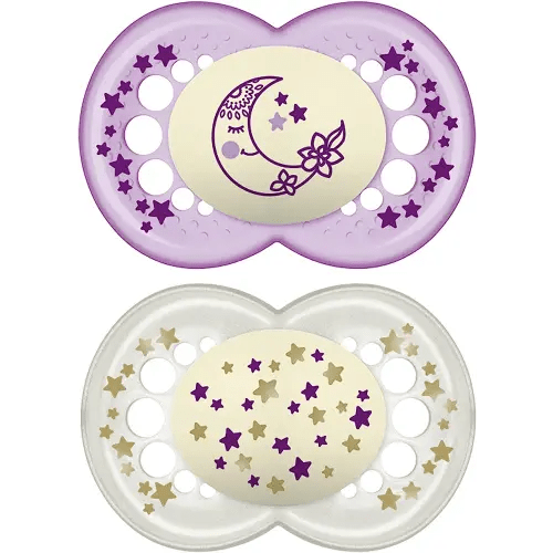 MAM Night Pacifiers (2 Count), MAM Pacifiers 6+ Months, Best Pacifier for Breastfed Babies, Glow in the Dark Pacifier, Baby Girl Pacifier (Design may vary), 6-16 (Pack of 2)