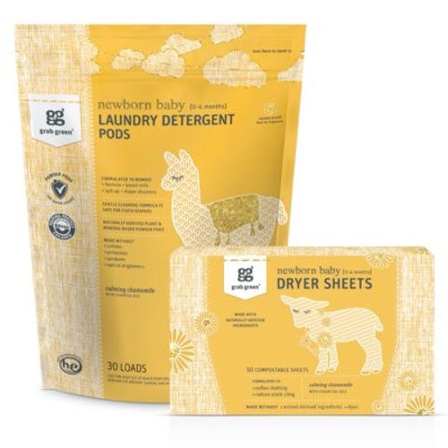 Grab Green Newborn Baby Laundry Detergent Pods and Dryer Sheets Bundle, 30 Count Pods and 40 Dryer Sheets, Calming Chamomile Scent, Plant and Mineral Based Laundry Care Set