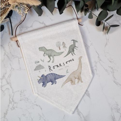 Roarsome Dinosaurs Pennant Flag, Nursery Room Decor, Children's Room Accessories, Green Dinosaurs, Linen Hanging Flag, Gifts for Kids