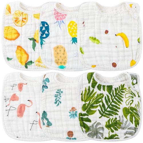 Zainpe 6Pcs Snap Muslin Cotton Bibs for Baby Lemon Flamingo Leaf Pineapple Bib with 6 Absorbent & Soft Layers Machine Washable Adjustable Burp Cloth for Drooling Eating and Teething - Green & Yellow