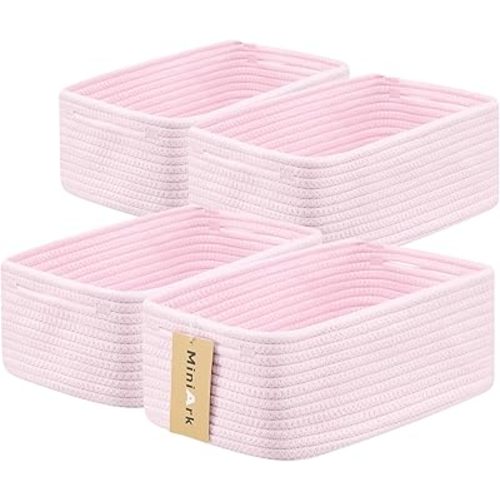 Small Storage Baskets for Organizing | Closet Organizer Bins | Shelf Toy Basket | Woven Rope Baskets | Cube Decorative Box | Shallow Basket | 13x8.5x5.1” | 4 Packs Light Pink