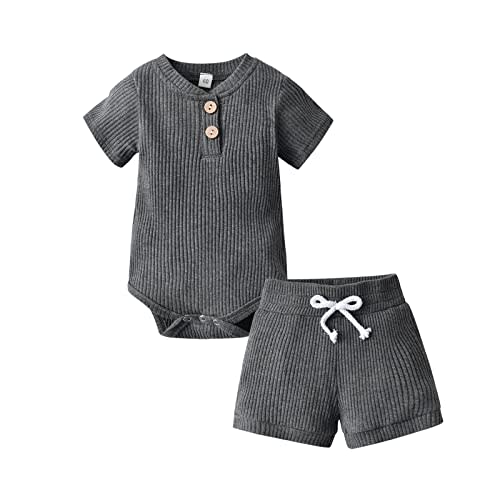 Derouetkia Summer Newborn Baby Boy Girl Clothes Solid Color Ribbed Romper and Shorts Outfits Set