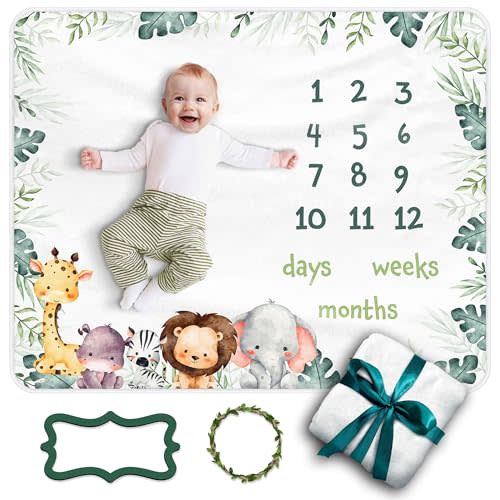 Baby Milestone Blanket, 40x50in Soft Flannel with Dark Green Border, Jungle Animals and Greenery, Days, Weeks, Months Tracker, Includes Greenery & Blue Green Markers, Perfect