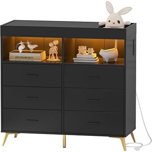 Dresser for Bedroom with LED Lights and Power Outlet, Baby Changing Table Dresser with 6 Drawers, 2 Open Storage Shelves, Baby Dresser with Changing Table Top, Black