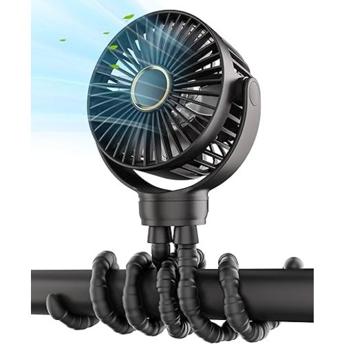 Stroller Fan: Rechargeable with TYPE-C Port, 4000mAh, 360° Rotatable, 3-Speed, Flexible Tripod, Clip Anywhere for Baby's Comfort - Durable and Easy to Clean, Black