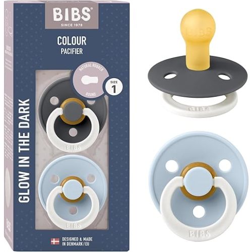 BIBS Schnuller Colour 2er Pack, Naturkautschuk, dänische Schnuller mit Kirschform. (Iron Night/Baby Blue Night, Größe 1 (0-6 Monate))