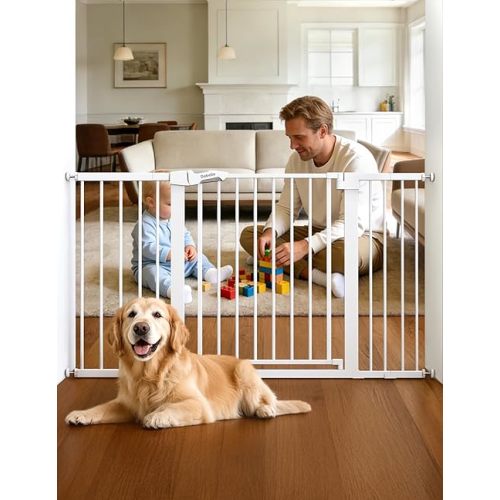Mom's Choice Award Winner-BABELIO 29-55 Inch Extra Wide Baby Gate, Metal Dog Gate, Pressure Mounted Pet Gate for Stairs & Doorways, NO Tools Needed NO Drilling, with Y Threaded Spindle Rods, White