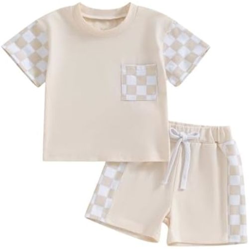 Karwuiio Toddler Baby Boy Summer Outfit Short Sleeve T-Shirt Tops Elastic Waist Shorts Set Baby Boys Clothes