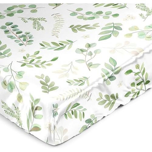 Sweet Jojo Designs Green Boho Floral Leaf Boy Girl Gender Neutral Unisex Baby Satin Fitted Crib Sheet Infant Newborn Nursery Toddler Bed Room Standard Mattress Sage White Bohemian Watercolor Botanical