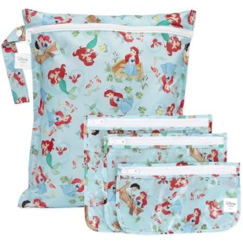 Bumkins Disney Ariel Waterproof Wet Bag and Packing Pouches, TSA Airline Compliant, Pack for Baby, Travel, Swim Suit, Cloth Diapers, Pump Parts, Pool, Gym Clothes, Toiletry, Daycare, Zip Bag, 4-pc