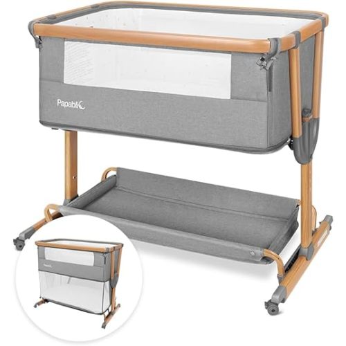 Papablic 4 in 1 Baby Bassinet, Bedside Bassinet for Baby, Adjustable Bedside Sleeper with Soft Mattress & Storage Basket, Easy to Assemble