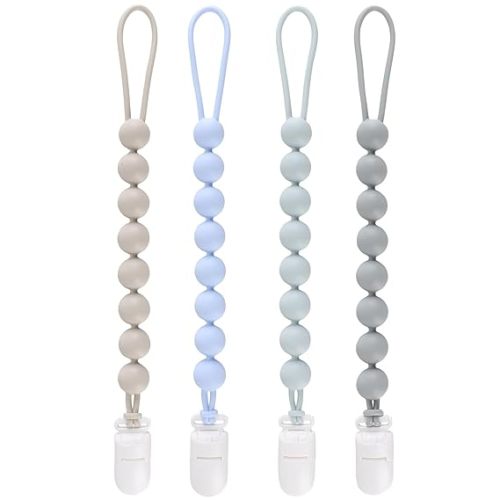 4-Pack Silicone Pacifier Clips for Baby Boys and Girls - with One-Piece Beads, Flexible and Rust-Free Holders for Teething Relief and Baby Essentials - Safe for Newborns (Grey)
