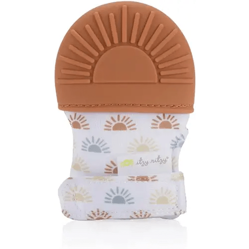 Itzy Ritzy Silicone Teething Mitt – Soothing Infant Teething Mitten with Adjustable Strap, Crinkle Sound and Textured Silicone to Soothe Sore and Swollen Gums, Terracotta Sun (MITT8491)