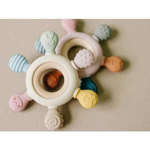 Sensory Baby Teething Toy, Food Grade Silicone and Natural Beech Wood, BPA Free, Phthalate Free, Plastic Free, Baby Teether, Wooden Teether