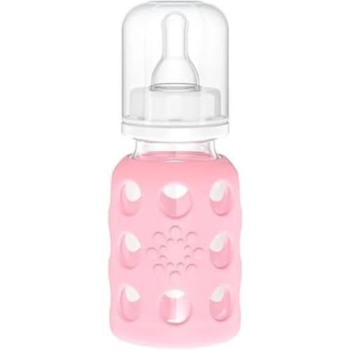 Lifefactory 4-Ounce Glass Baby Bottle with Protective Silicone Sleeve and Stage 1 Nipple Pink (LF110003C4)