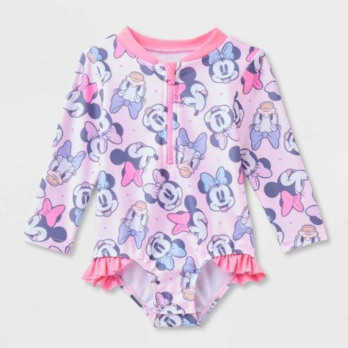 Baby Girls' Disney Minnie & Daisy Long Sleeve One Piece Rash Guard - Pink 9M