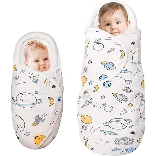 Baby Swaddle Blankets, Unisex Baby Blanket Wrap for Newborn Baby Boys Girls, Skin Friendly Wearable Swaddle Sleep Sack Made of Combed Cotton(Planet, White, 0-3 Months + 3-6 Months)