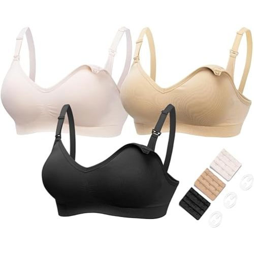 HOFISH Maternity Nursing Bras for Breastfeeding, 3 Pack Pregnancy Deep V Neck Wireless Bra with Extenders & Clips