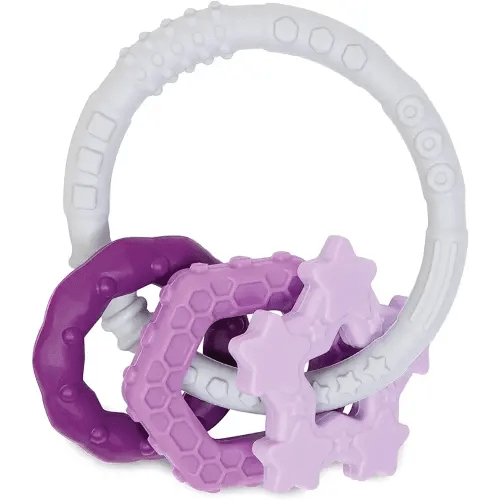 Bumkins Baby Teething Freezer Toy Keys Rings, Soft Flexible Pacifier to Chew, Cool Teether Gum Relief, Babies 3 Months, Freezable Platinum Silicone, Sensory Bracelet with Charms, Purple and Gray