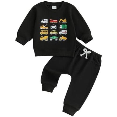 Fernvia Baby Boy Fall Winter Clothes Toddler Kids Solid Outfits Vehicle Long Sleeve Sweatshirt Tops + Joggers Pants Set